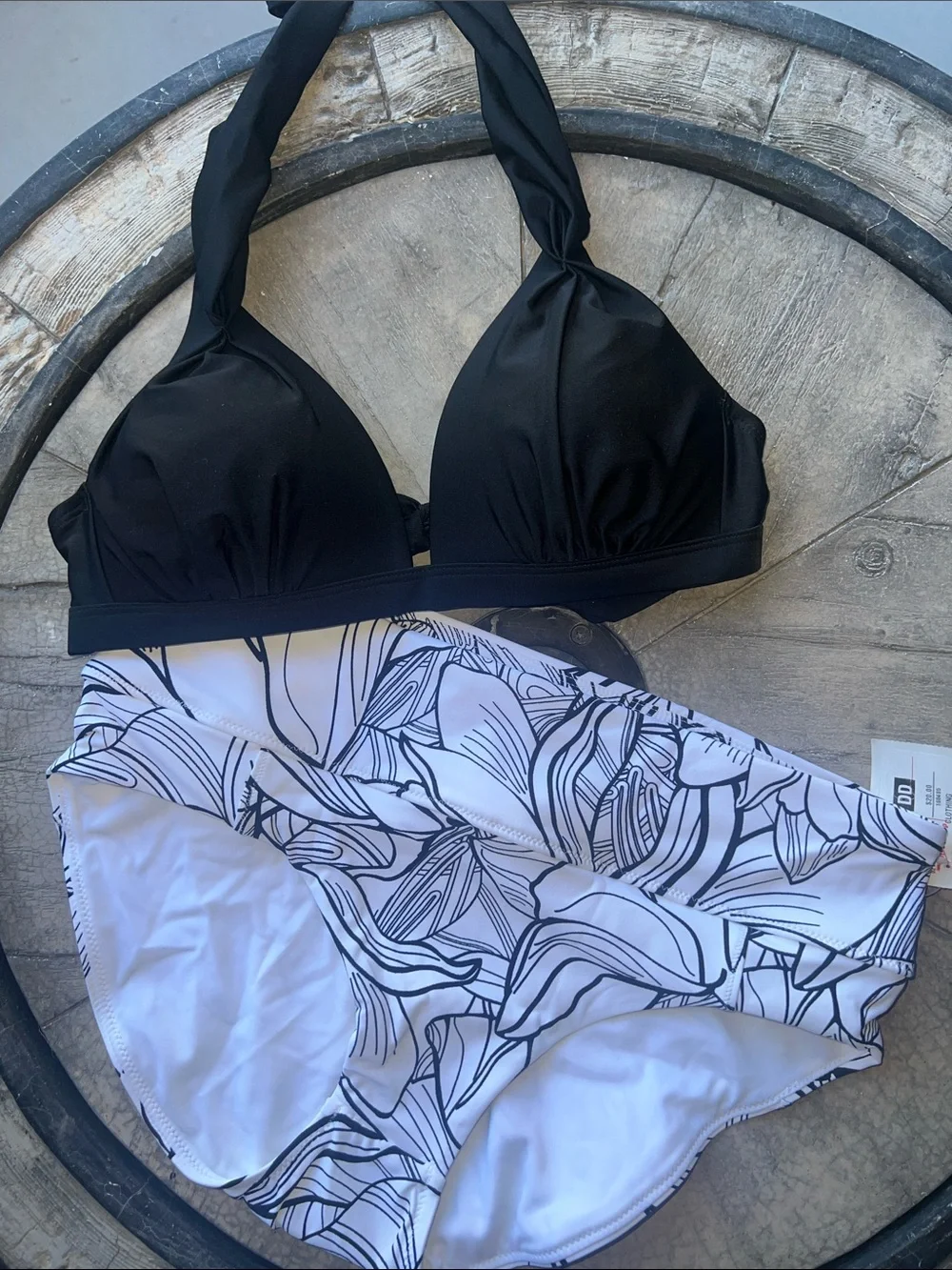 Black Halter Bikini Top with Floral Print Bottoms.  B11